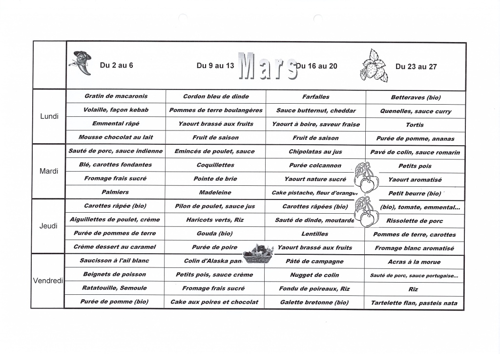 Menu de Mars 2026