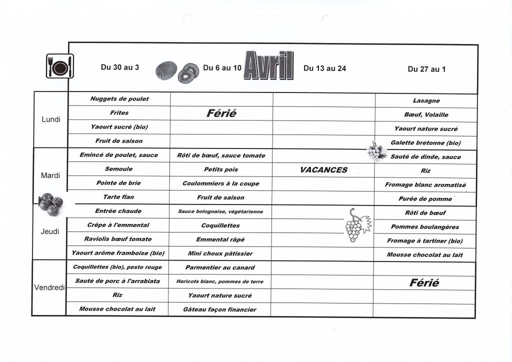 Menu d'Avril 2026