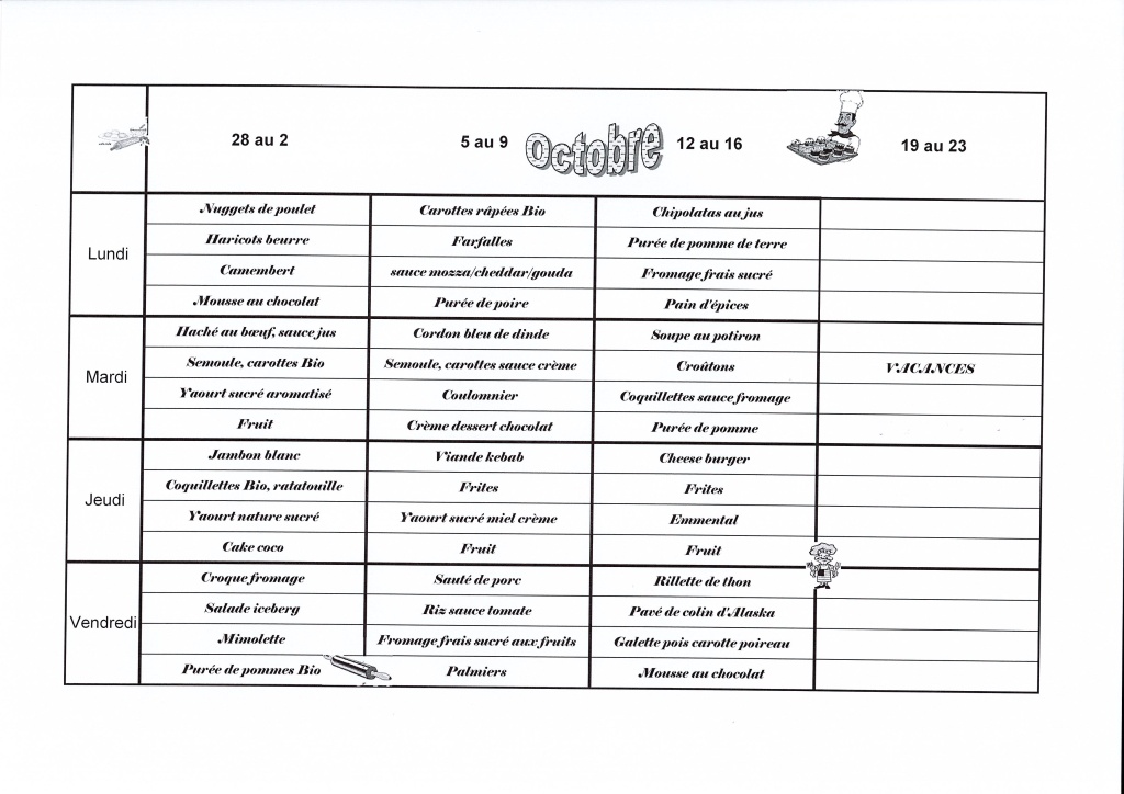 Menu d'octobre 2026