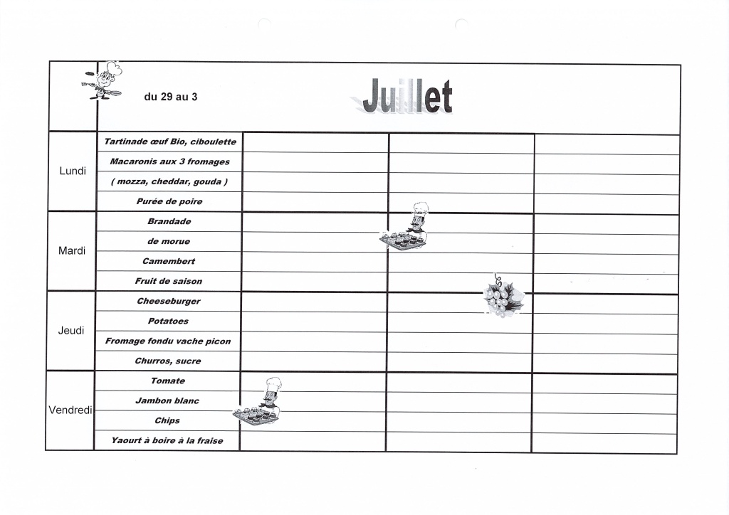 Menu de juillet 2026